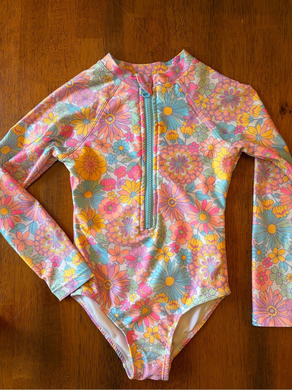 Bright Floral Zip-Front Rashguard One-Piece Long Sleeve Swimsuit Girls XS(4-5) - Picture 2 of 10